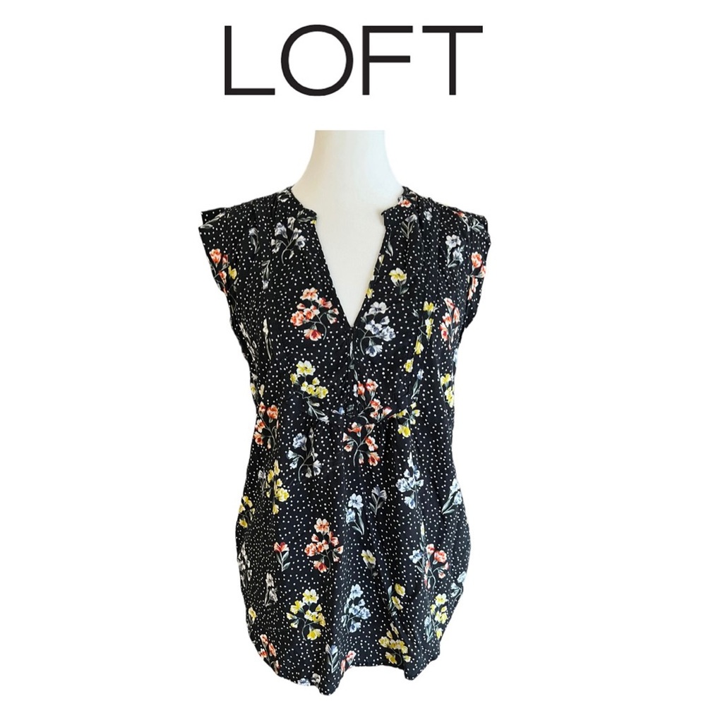 LOFT Floral‎ Sleeveless Flowy Blouse Size Small / Polka Dots Boho Office Ditsy